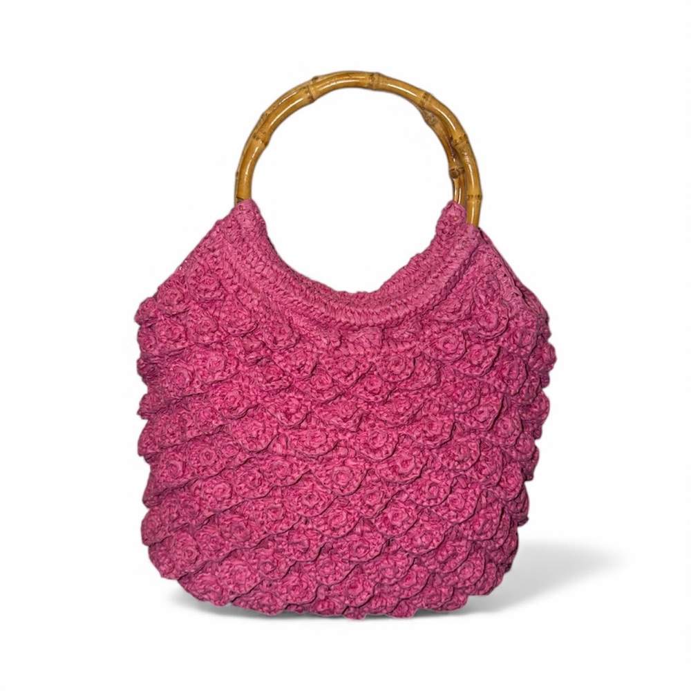 J. Crew Fuchsia Crochet Bag with Bamboo Handle